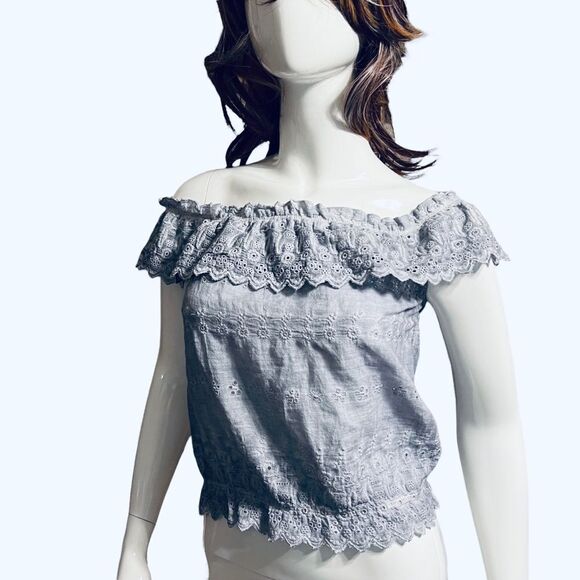Off The Shoulder Dusty Blue Short Eyelet Blouse American Eagle Outfitters XS - Picture 1 of 11